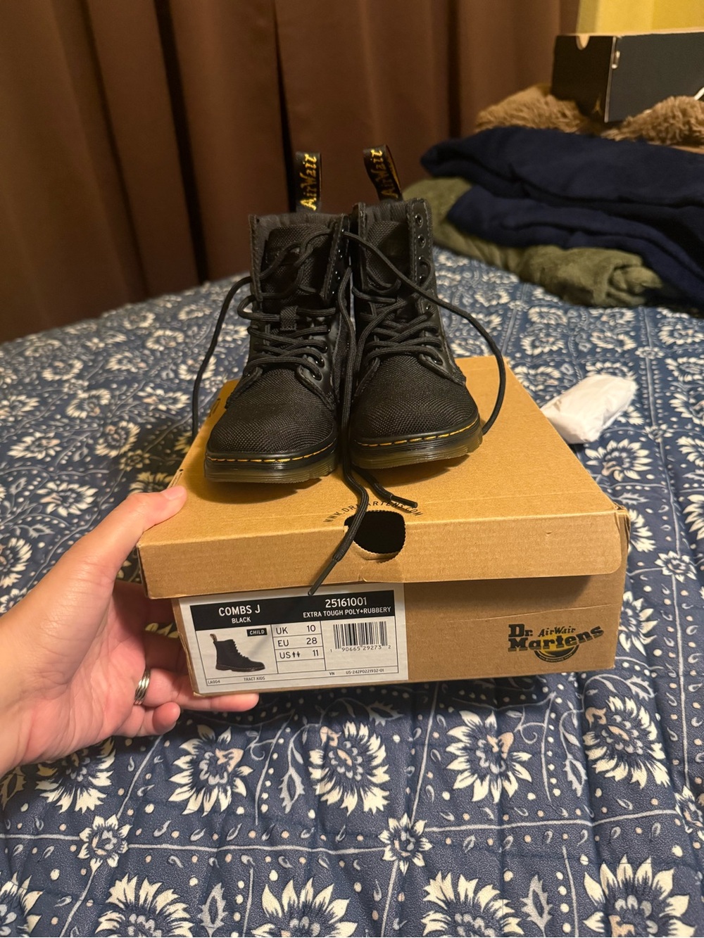 Dr. Martens Black Canvas Lace-Up Boots with Yellow Stitching